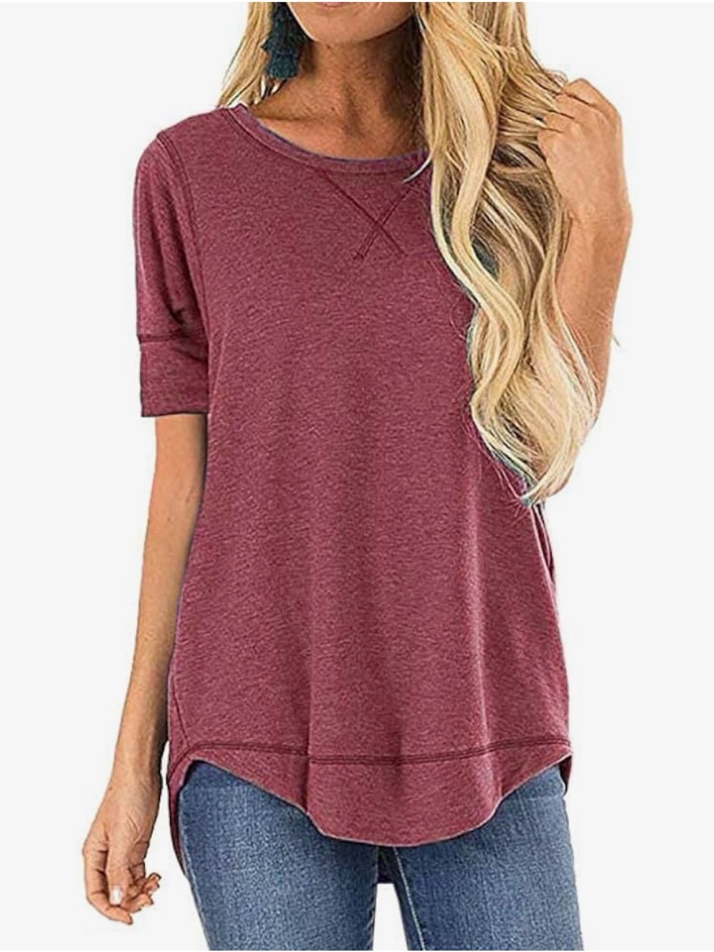 Relaxed Short-Sleeve Tunic Sweatshirt in Wine